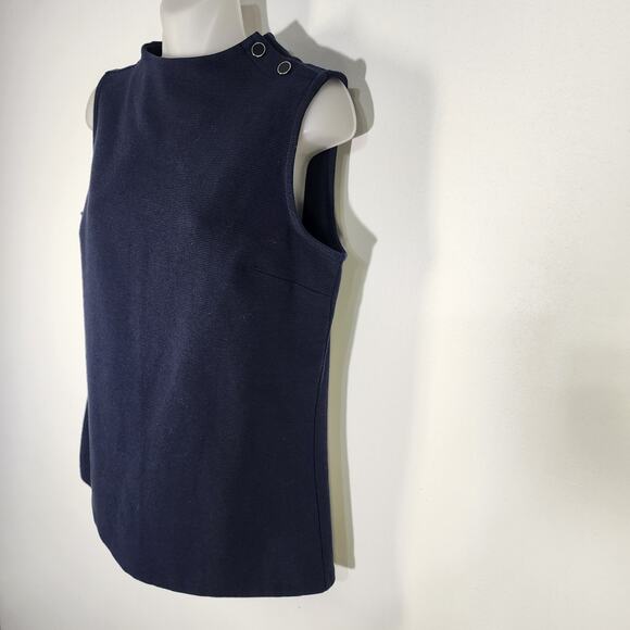 Talbots Womens High Neck Button Shoulder Top Small Navy Blue Ribbed Sleeveless - Picture 5 of 8